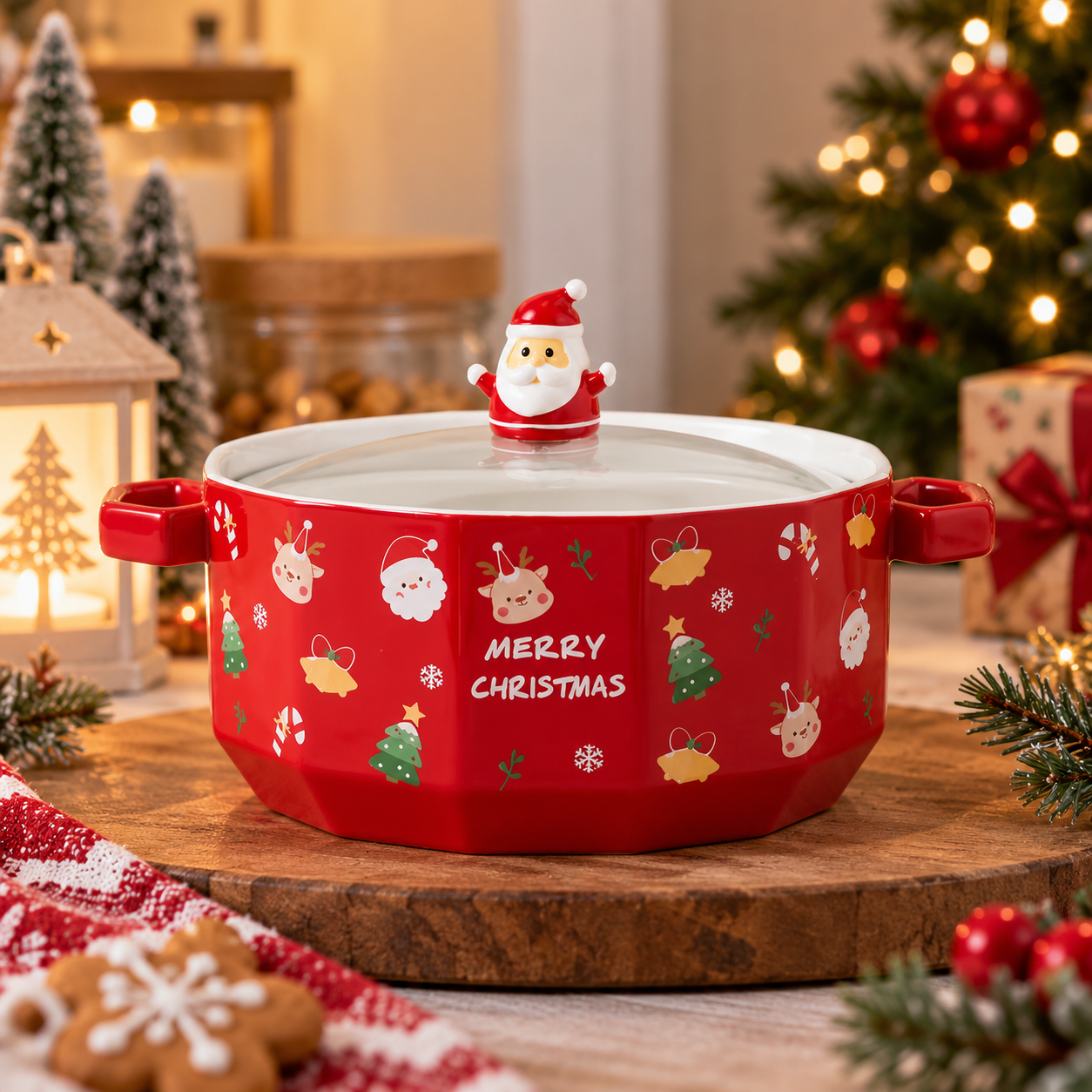Christmas Ceramic Serving Bowl with Lid – 25 oz