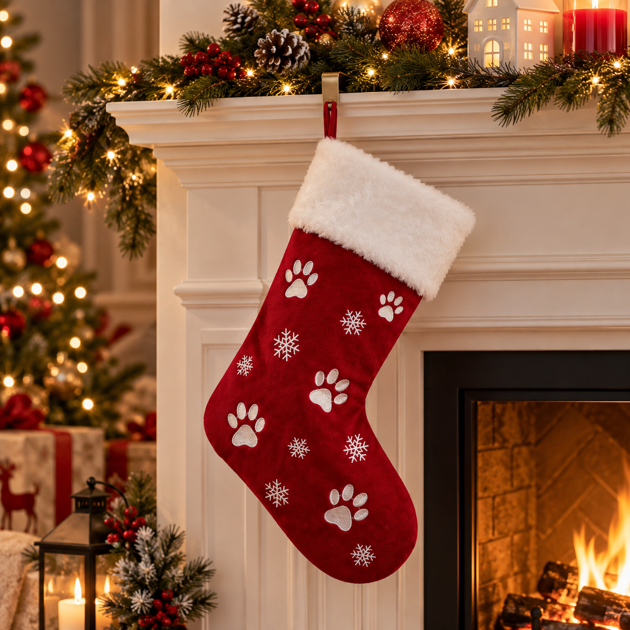 Embroidered Paw Print Christmas Stocking – 18"