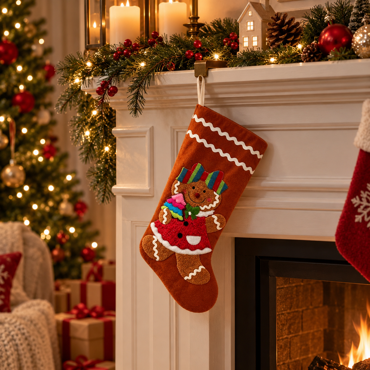 Gingerbread Embroidered Christmas Stocking – 18"