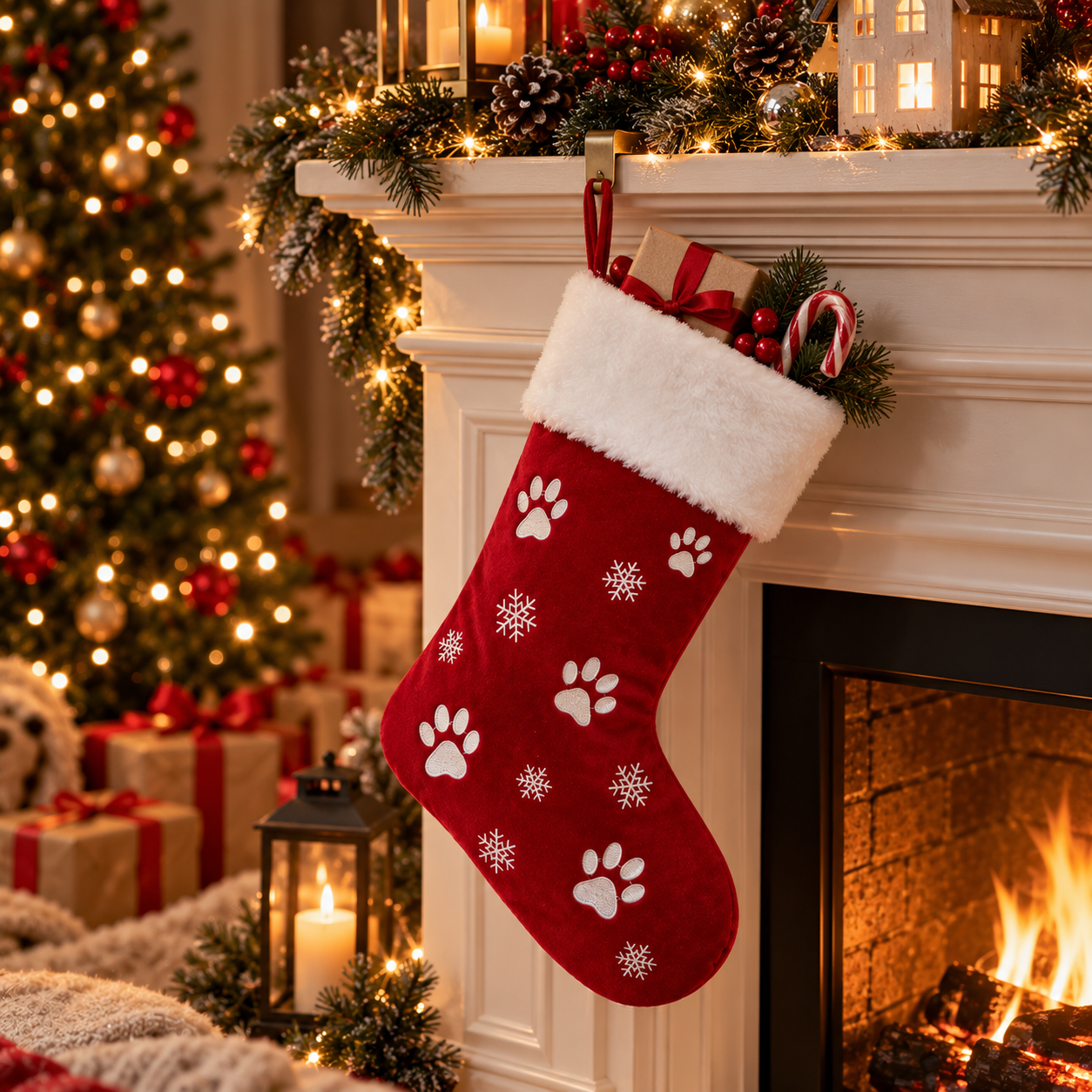 Embroidered Paw Print Christmas Stocking – 18"